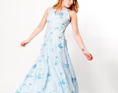 SALE - 70s Halter Dress - 1970s Maxi Dress - Sky Blue Roses