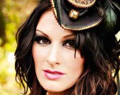 Black, gold, mini hat, gothic, tricorn hat, steampunk fascinators, victorian feather hat, cocktail hat, AS SEEN ON Rock n' Roll Bride