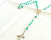 Green Glass Bead Rosary Religious Crucifix Christian Catholic Church Cross Madonna Christ Prayer