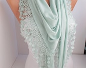 NEW  Light Mint  Jersey Scarf  Shawl Scarf  triangle scarf  Headband - Cowl with Lace Edge - Women's Fashion Accessories  DIDUCI