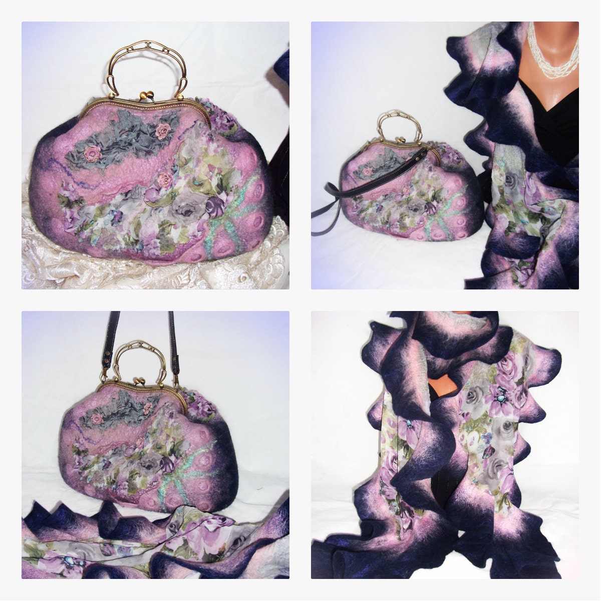 Designer bag "Amethyst", hand made bag, dark blue with pink, bag with frowers, gift for her