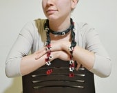 Silk Necklace, Dark Emerald Silk  Foulard, Red and Beige Flowers, Beadwork
