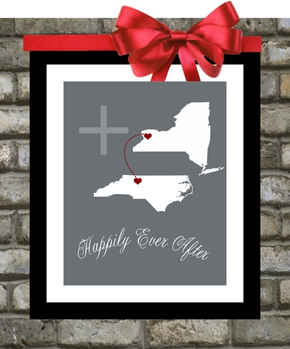 Buy holiday gift baskets with free shipping - Unique Engagement Present: Bridal Shower Gift, Personalized Wedding GiftsTwo states travel map Holiday Gift for New Couple 8x10