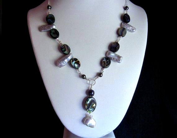 Abalone Drop Necklace with Pearls in Silver