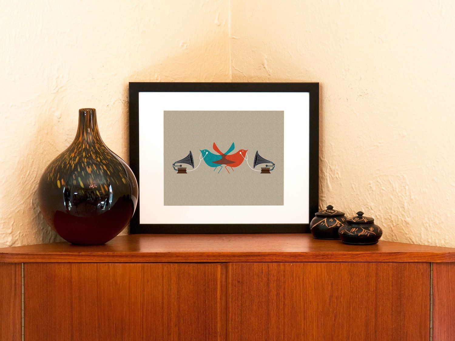 Dueling Audiophiles Art Print - Modern Birds with Old School Gramophones and Ear Buds (Free Shipping in US)