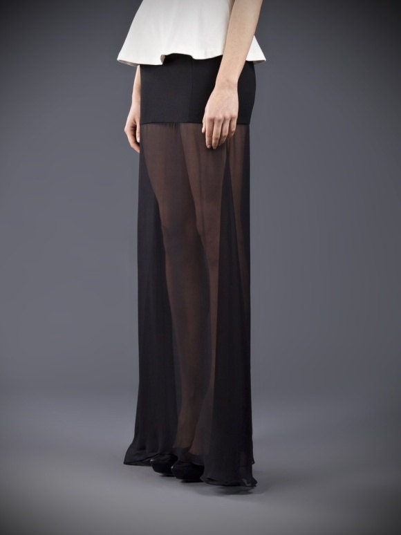 Floor length,black, maxi skirt, Crepe and chiffon, see through, pencil and a line, high quality tailor made, High fashion