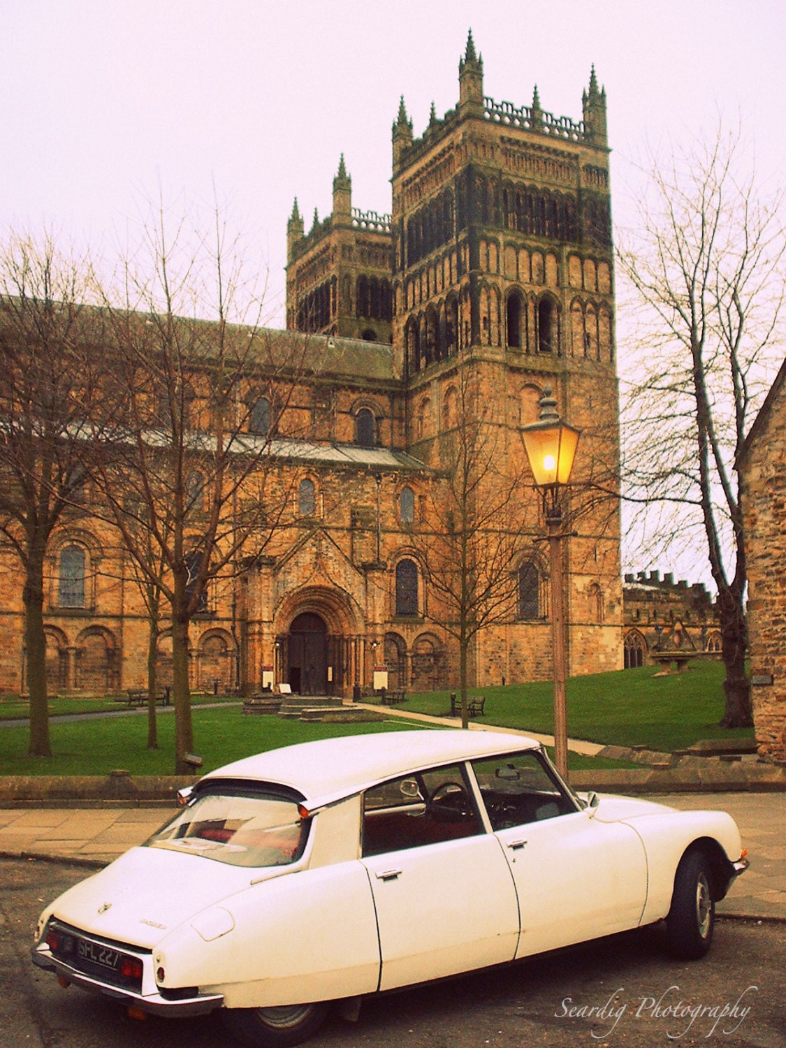 Father's Day Gift: Vintage Car in Durham England. Photo Classic Car. Cathedral. British. Antique. English. Rustic. Various Sizes Available.
