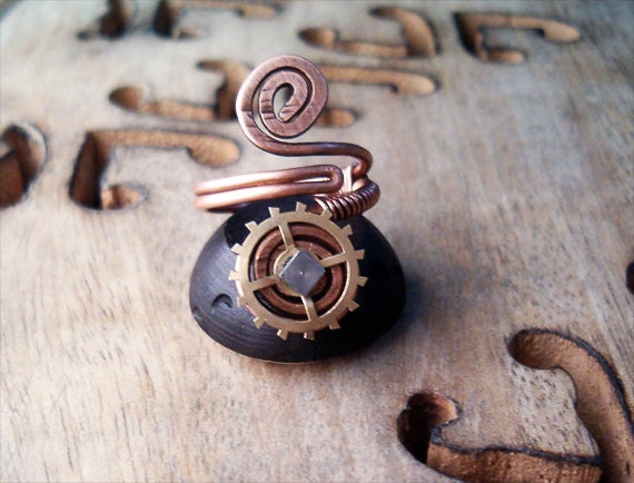 Steampunk Wire Wrapped Adjustable Copper Ring with Vintage Gear - wire wrapped ring handmade