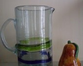 vintage large glass pitcher, clear with green and blue french / / kitchenware//kitchen home decor
