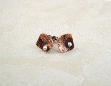 Copper square post earrings with sterling silver dot.  Curved dish. Textured. Everyday wear