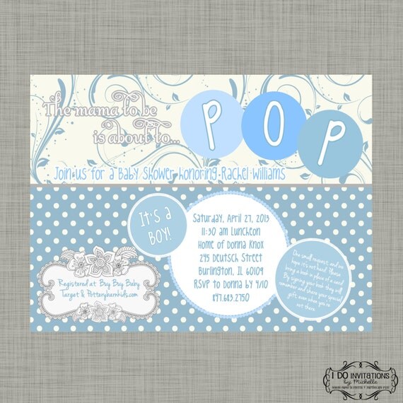The mama to be is about to POP Baby Shower Invitation - Baby Blue & White - Digital File Il_570xn