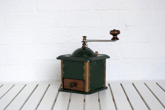 Large Vintage German Green Metal Coffee Grinder with Wooden Drawer