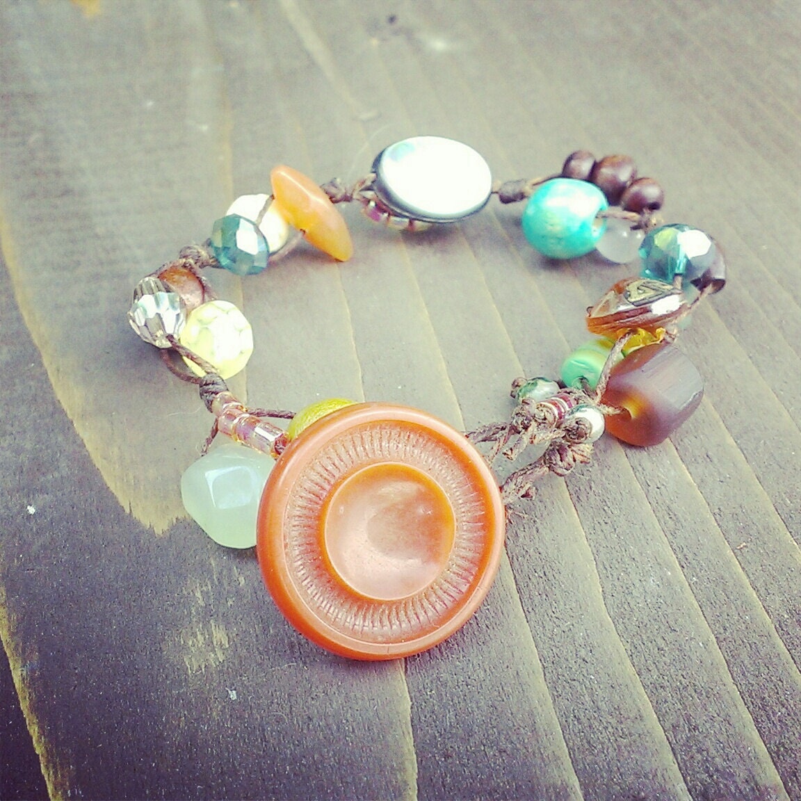 bohemian linen collage bracelet vintage buttons and beads No.7