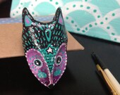 Fox Brooch / Clay Brooch / Pin - OOAK Handmade Animal Gift - Hand cast and Hand Painted - Black Teal Purple Night