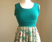 Womens Dress Teal Green Floral Print Sleeveless Tank Dress - Made to Order