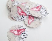 Pink Butterfly on Gray Scalloped Circle Tags - 50 tags