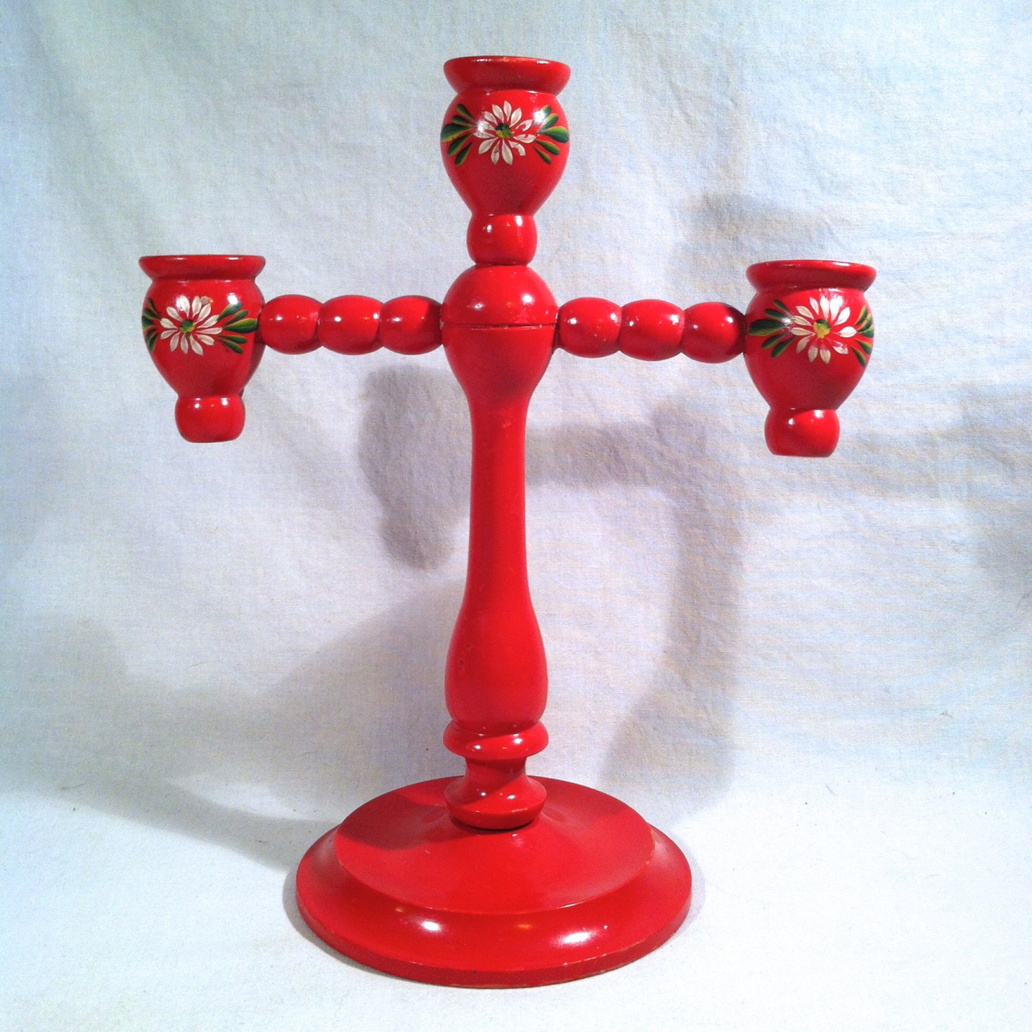 Vintage WOODEN PAINTED CANDLESTICK / Red Floral Swedish Modern Candle Holder