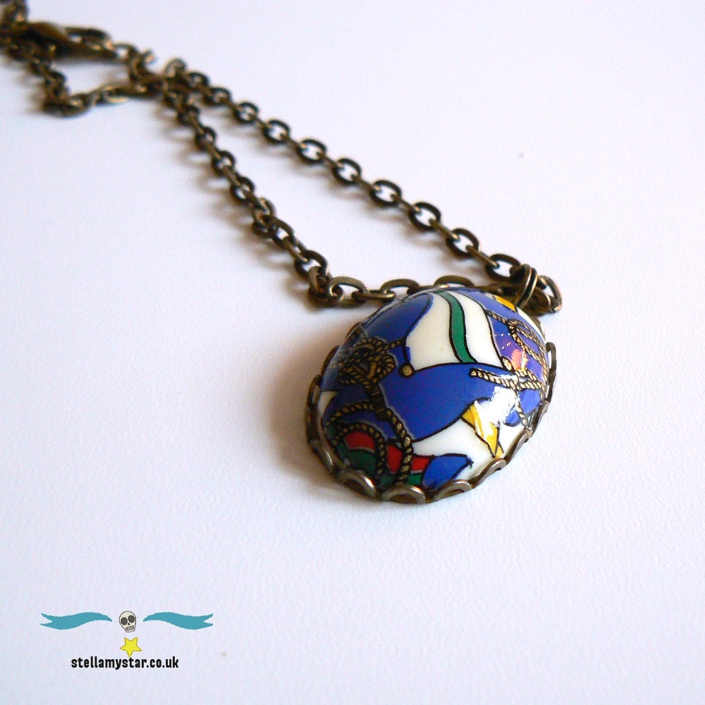 Nautical cabochon charm necklace on 18" antique gold finish chain