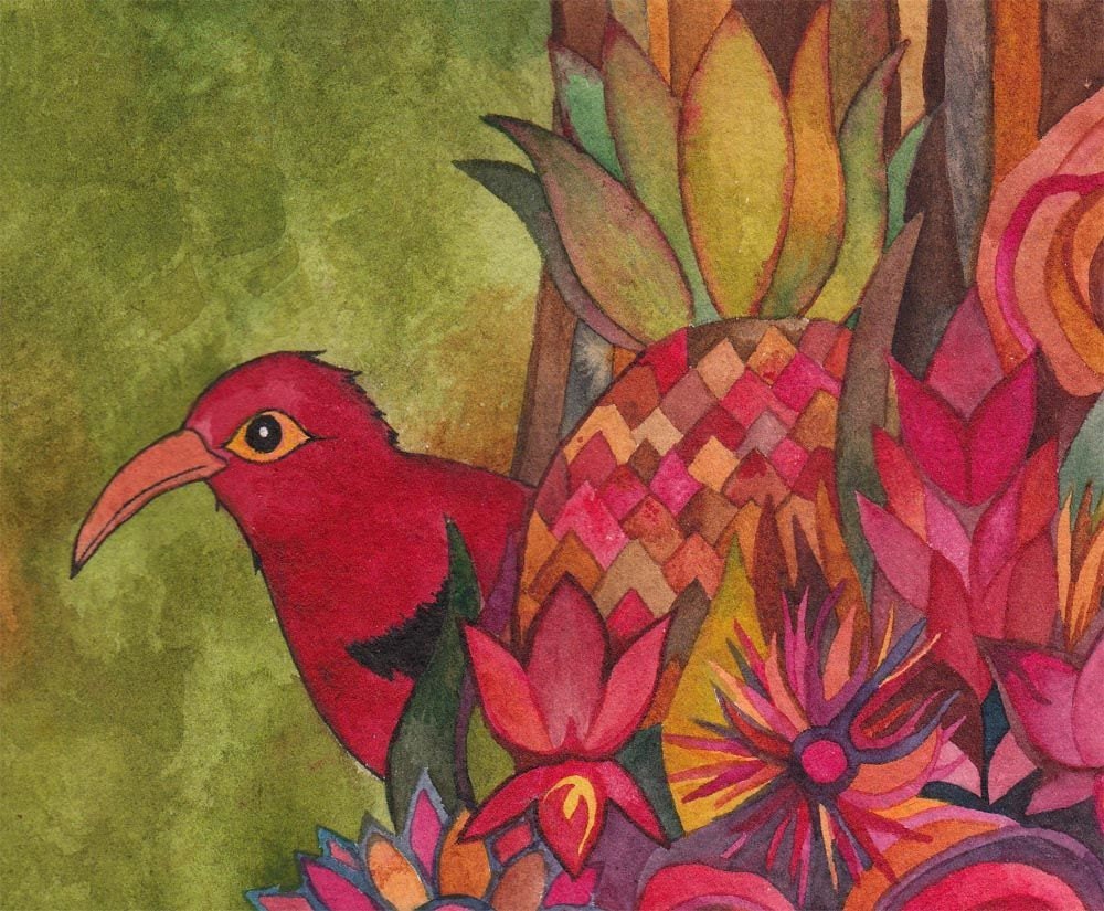 Iiwi Bird with Orchids Watercolor by Megan Noel