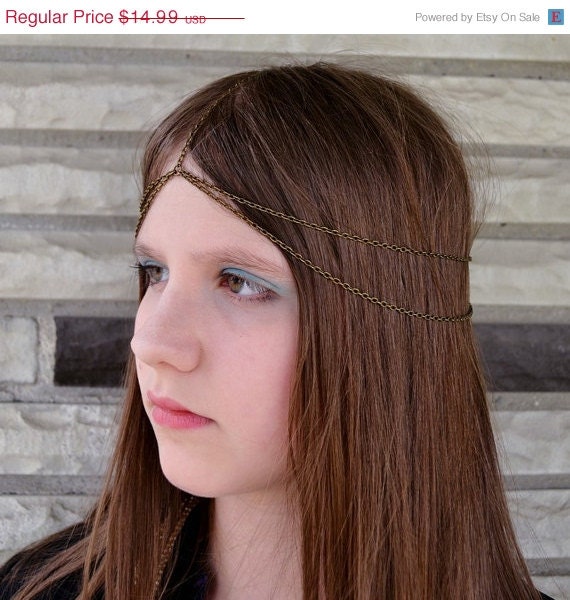 ON SALE Chain Headpiece Deux Drops Double Chain headband head piece Antique Brass Sale was 18.00