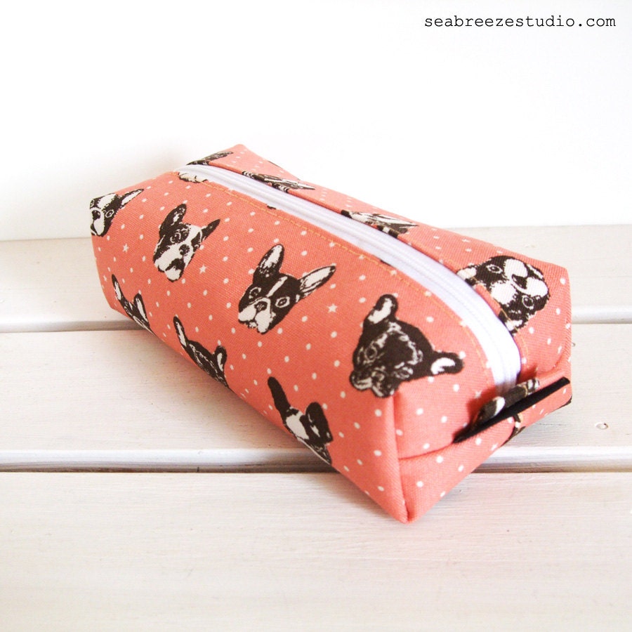 Boxy pencil / cosmetic pouch - French bulldog in salmon