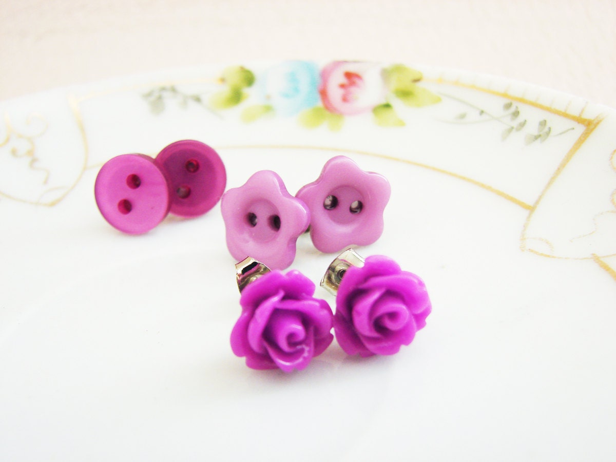 Post Earrings Gift Set, Pretty Little Purple Button Flowers