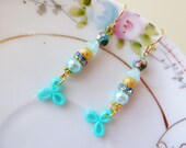 Beaded Earrings in Aqua Cornflower Blues, Cloisonne Dangle Earrings with Gold Details
