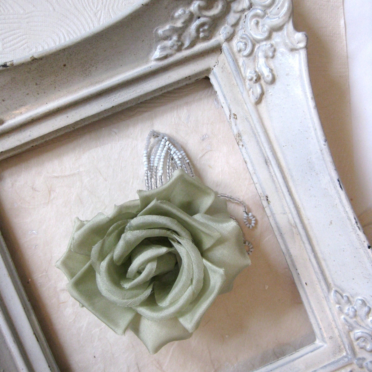 ready to ship - dramatic wedding flower- silk rose - spring wedding -pale sage green - fascinator - birdcage veil
