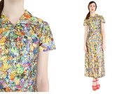 vintage 1970s multicolor marbled maxi dress / marbling printed bow dress