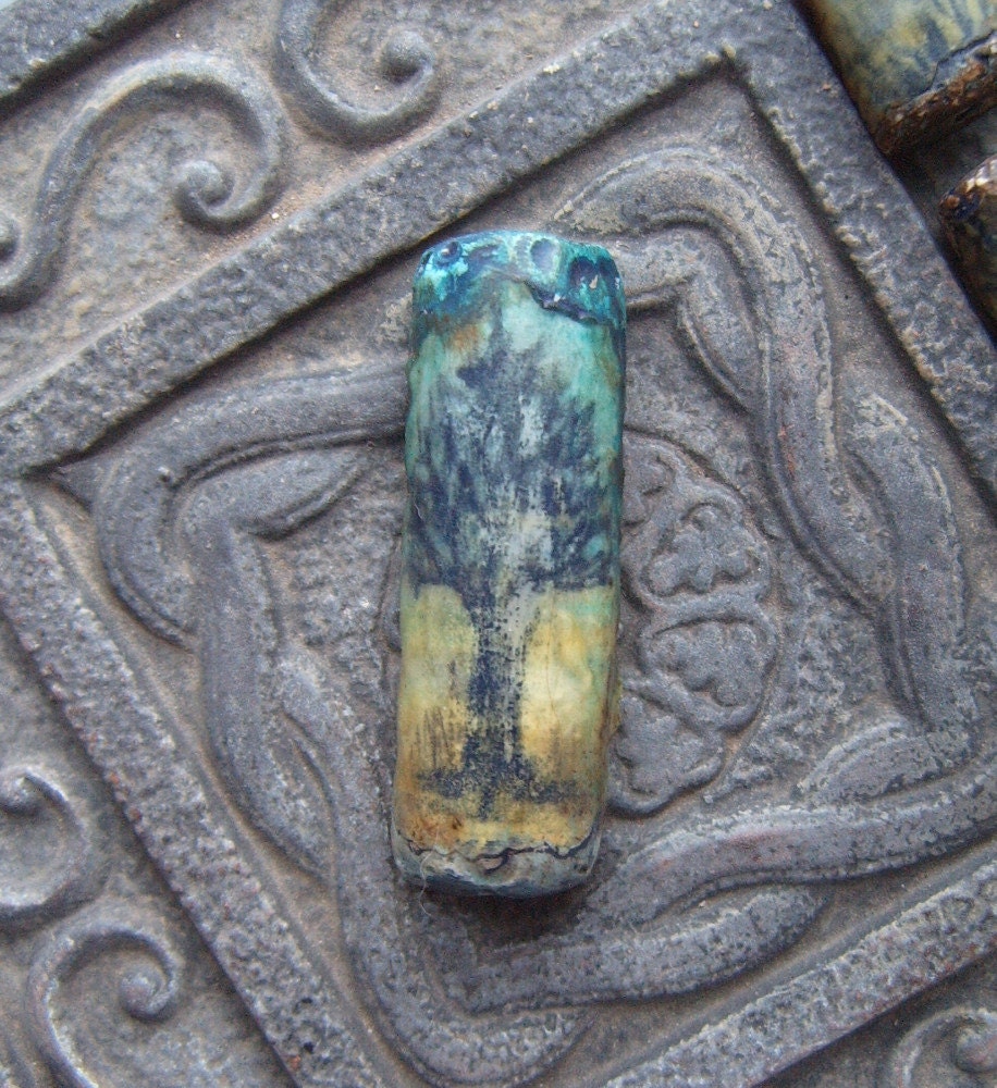 Tree Bead Art Bead with Original Drawing of A Tree Against a Teal Blue Sky Silhouette Green Blue Golden Yellow