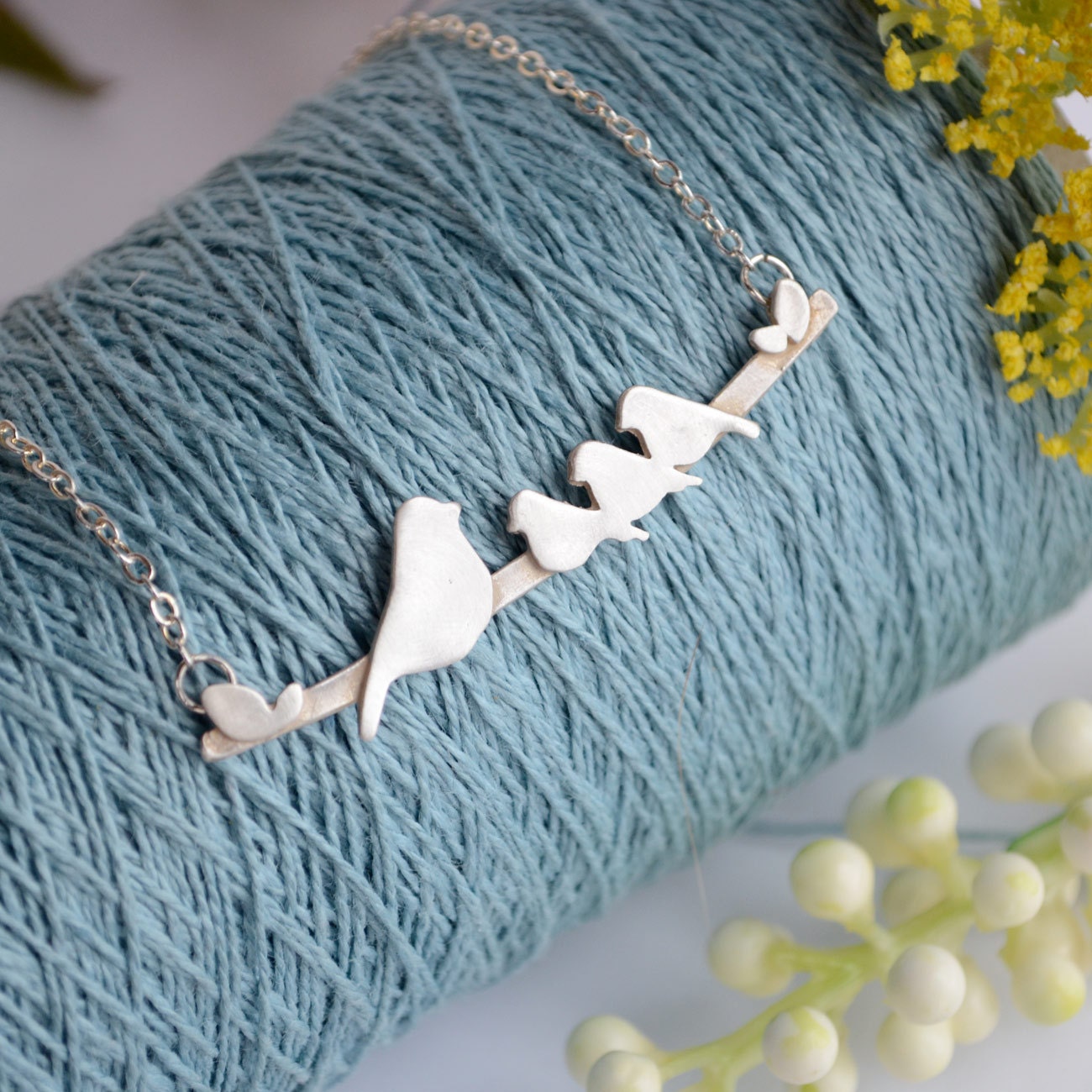 Nestling Bird Mother's Necklace with Momma & 3 Baby Birds - - BRIGHT WHITE FINISH