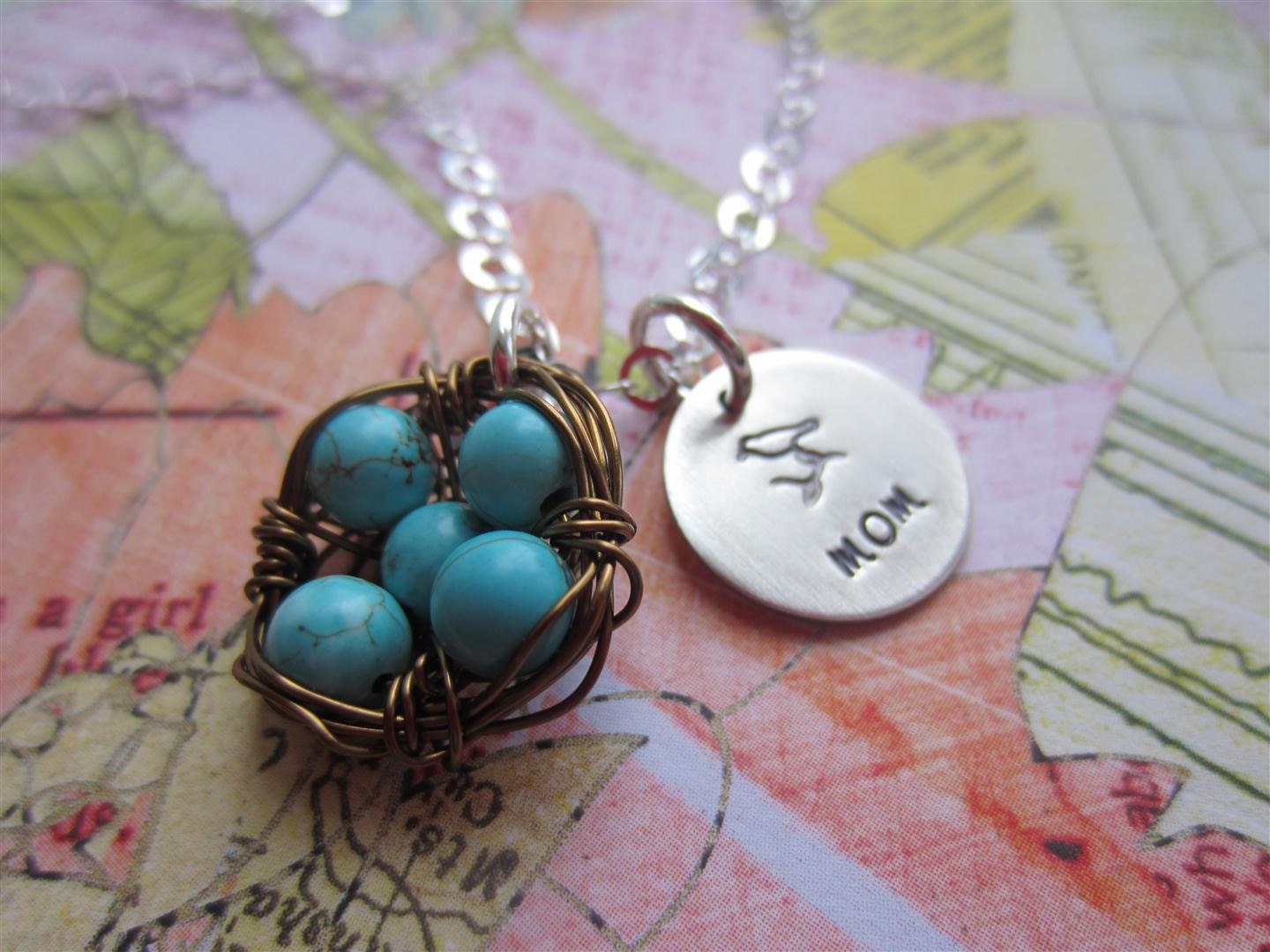 5 Eggs Birds Nest Mothers Necklace With Hand Stamped Mom Bird Charm