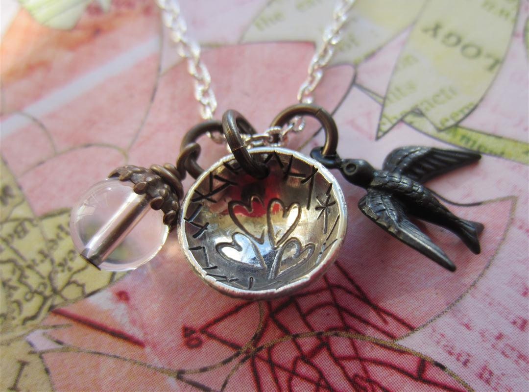 4 Hearts Birds Nest Mothers Necklace With Hand Stamped Charm