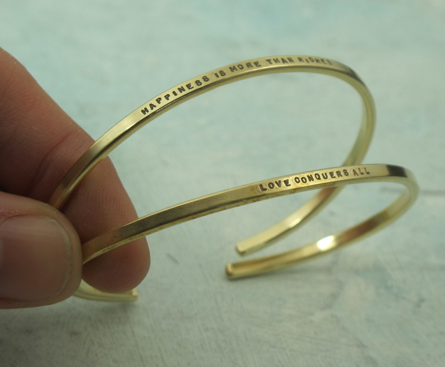 Custom Cuff Bracelet - hand stamped in BRASS with your chosen message - by Kathryn Riechert (tiny text)
