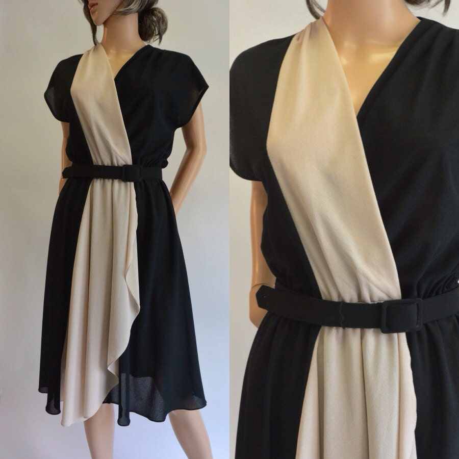 Vintage Black and Beige Wrap Style Dress 