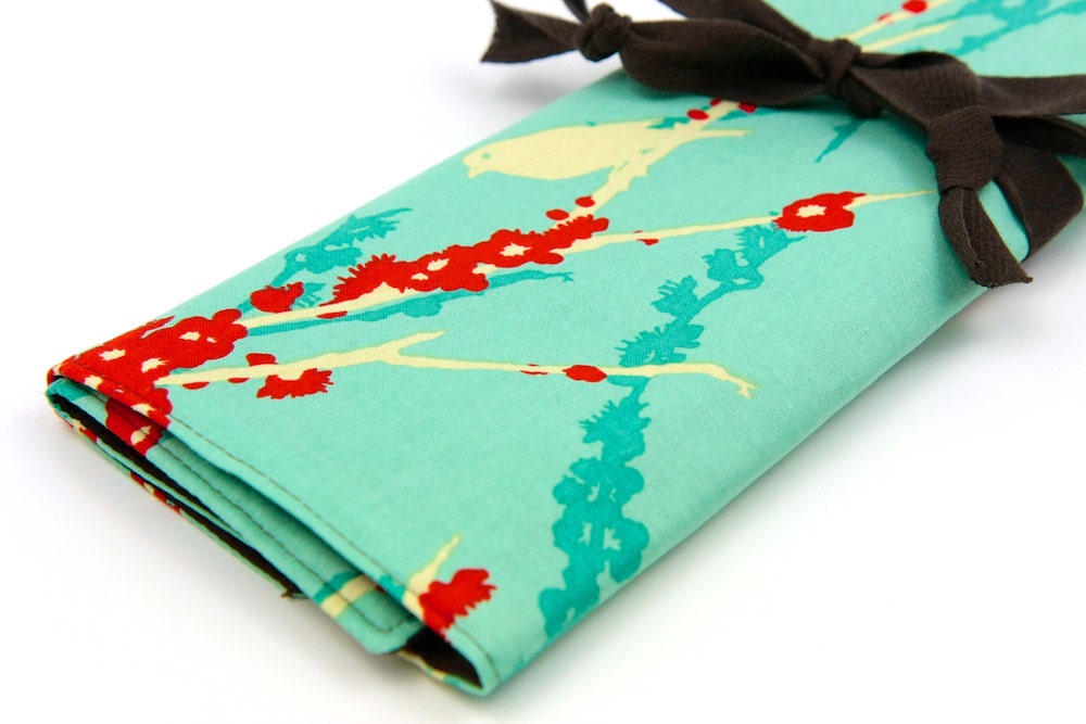 Knitting Needle Case Organizer Large  - Sparrows Aqua-  30 brown pockets for all sizes or paint brushes, colored pencils