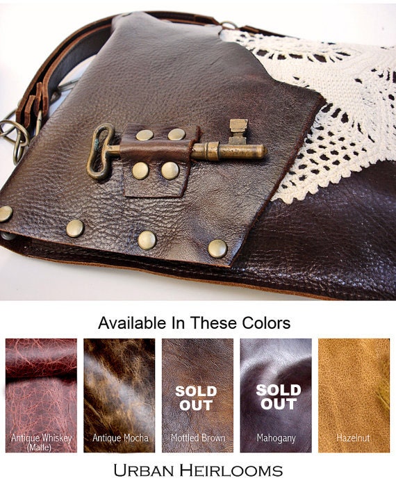 Brown Leather Boho Messenger Bag with Crochet Doily and Antique Key - Medium One Of A Kind - MADE TO ORDER