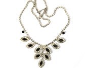 Vintage Black and White Rhinestone Necklace with Bib Style Drop Circa 1950