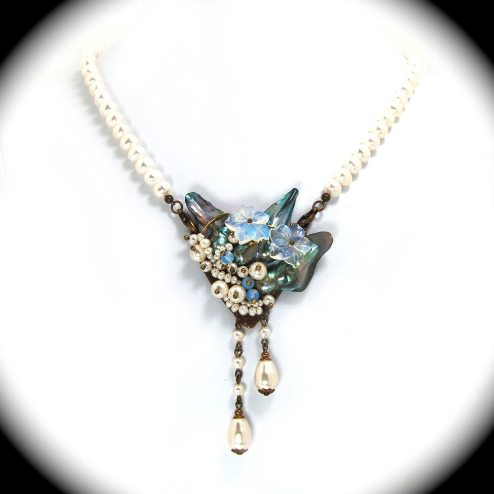Freeform "Bouquet" Necklace with Vintage Glass Flowers Czech Glass and Freshwater Pearls "Neige" Altered Heirlooms by Nouveau Motley