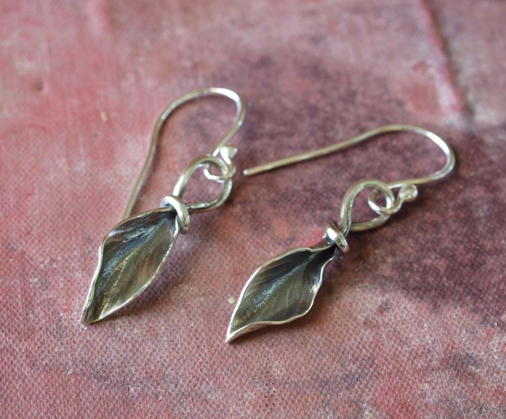 Petite hammered silver leaf earrings