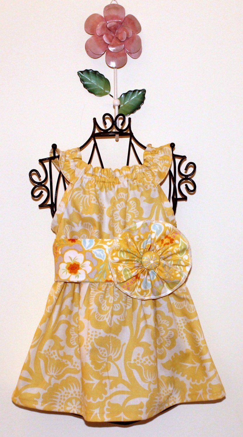 Ruffled Neck Party Dress for Babies, Toddlers and Girls JD Yellow Floral with Sash and Flower