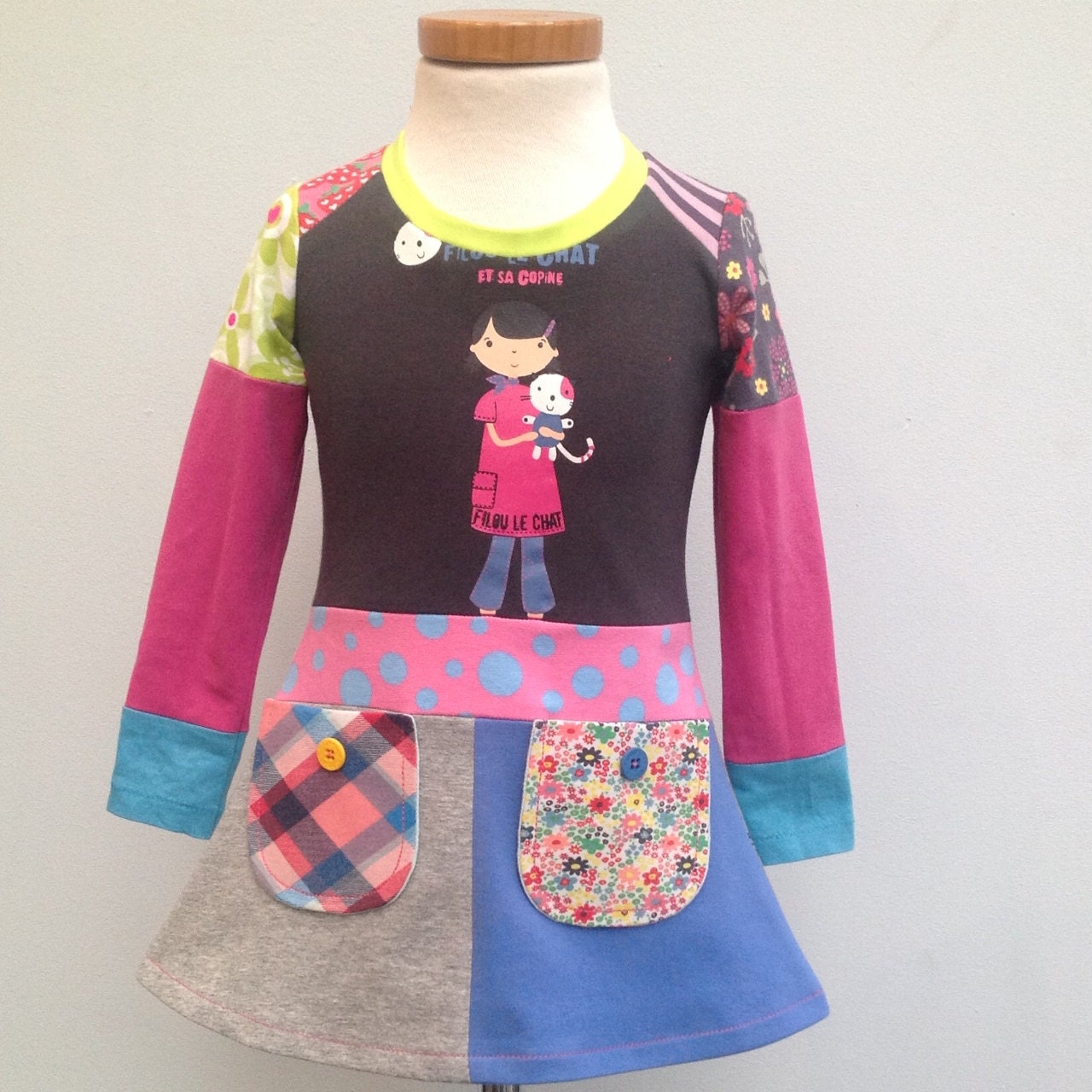 Upcycled Dress Handmade Recycled Dress Repurposed Pieced girl Toddler Size 12 m up to 2T (European size 86/92)