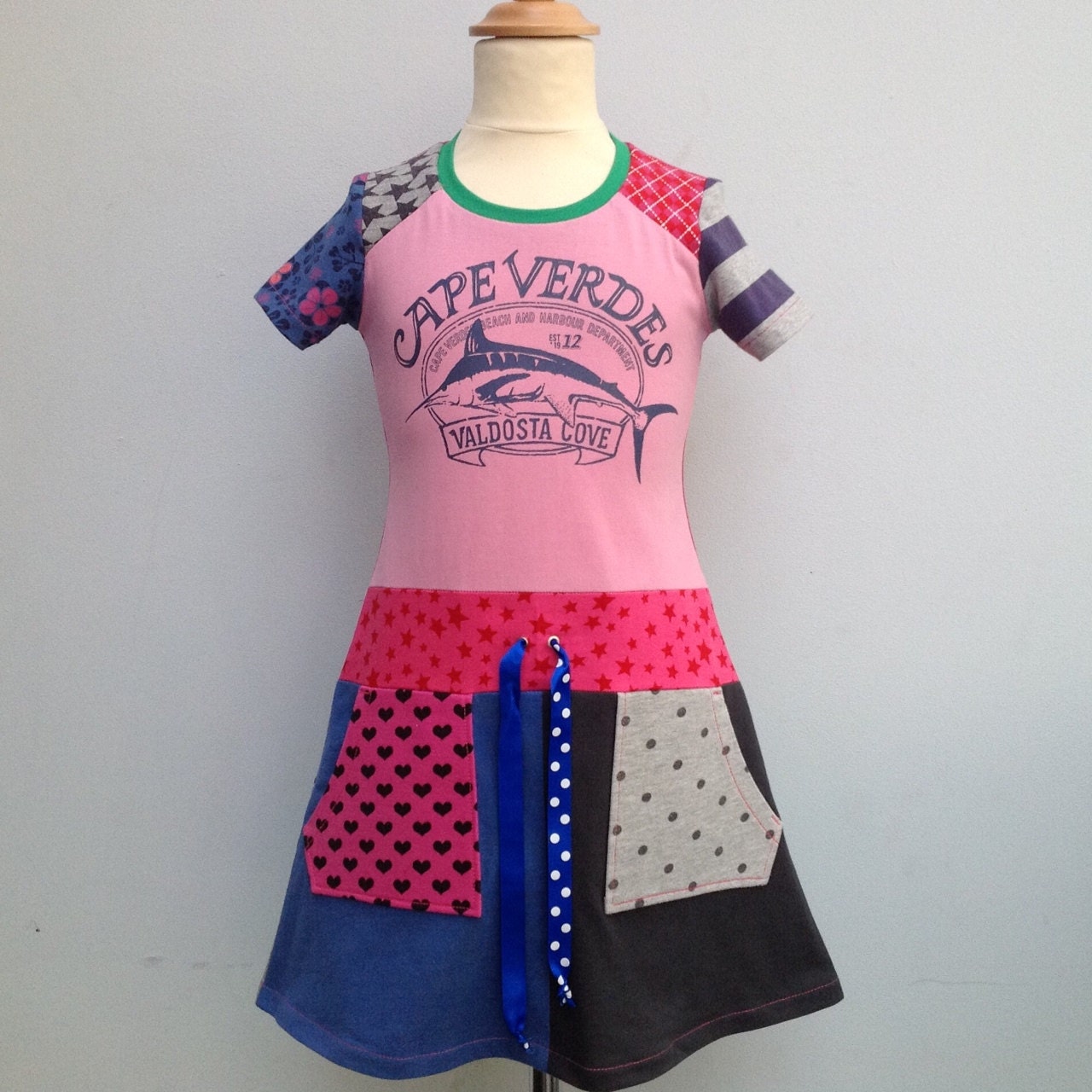 Upcycled Dress Handmade Recycled Dress Cape Verdes Repurposed Pieced Tunic Size 6 (europ. size 122/128)