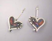 Silver Dangle Heart Valentine Earrings with polymer Iridescent mosaic inlay