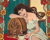 Morning Ritual - Coffee and Radio Art Nouveau Goddess Print 8x10