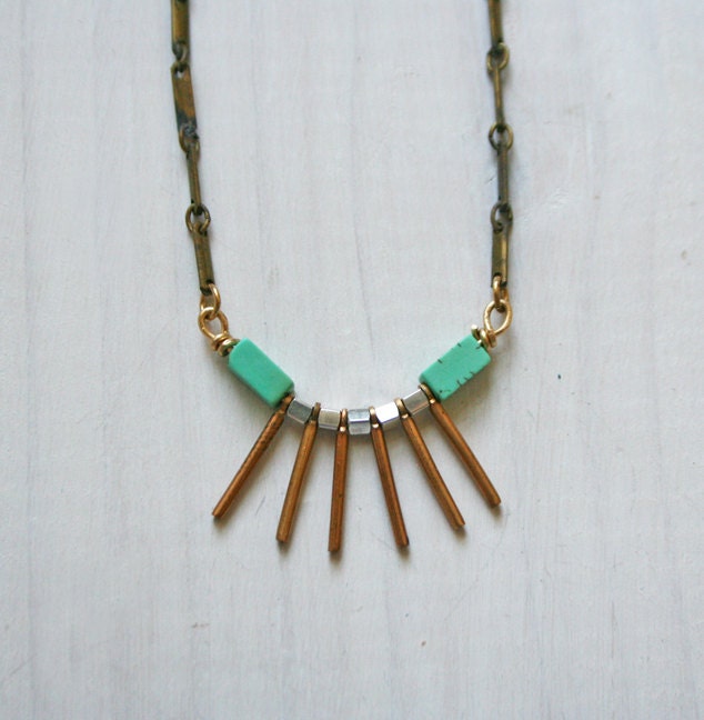 eme - silver nugget and green bead geometric necklace