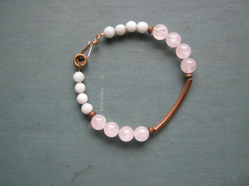 Pink Mint Brass Bracelet- Rose Quartz, Amazonite