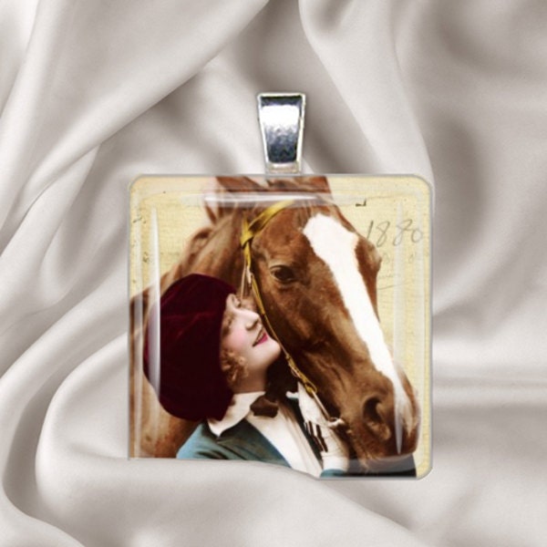 A Girl and Her Horse - Square Glass Tile Pendant Necklace