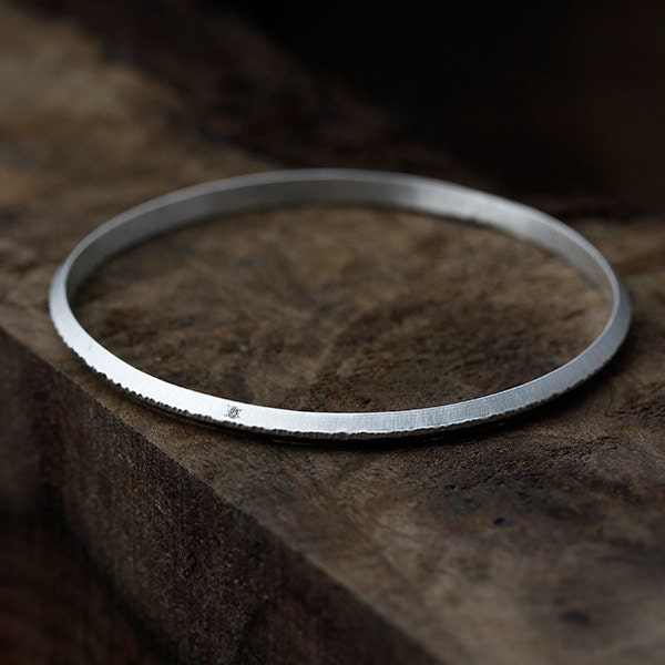 rustic recycled sterling silver bangle bracelet with set diamond, eco friendly