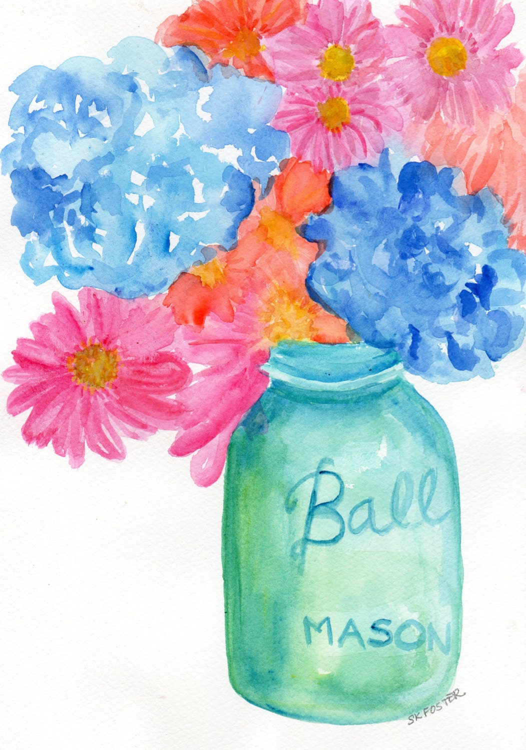 Blue Hydrangeas and Gerbera Daisies in Aqua Canning Jar Watercolor Painting, 7 x 10, Original Still Life Green